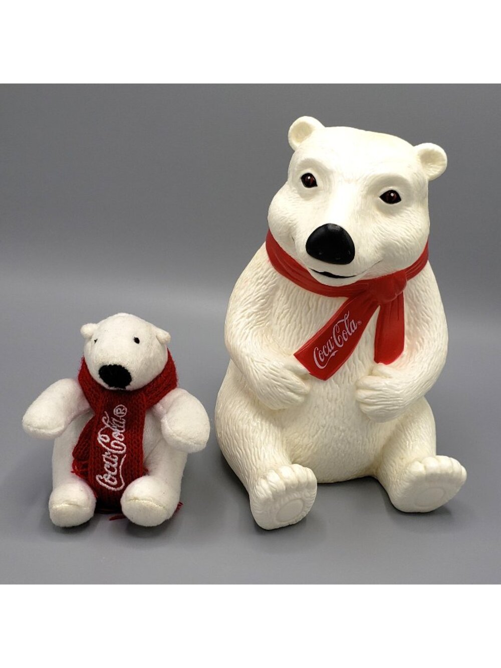 Lot 2 Coca Cola Polar Bear Plastic Coin Bank AND Mini Plush Coke Holiday Scarf